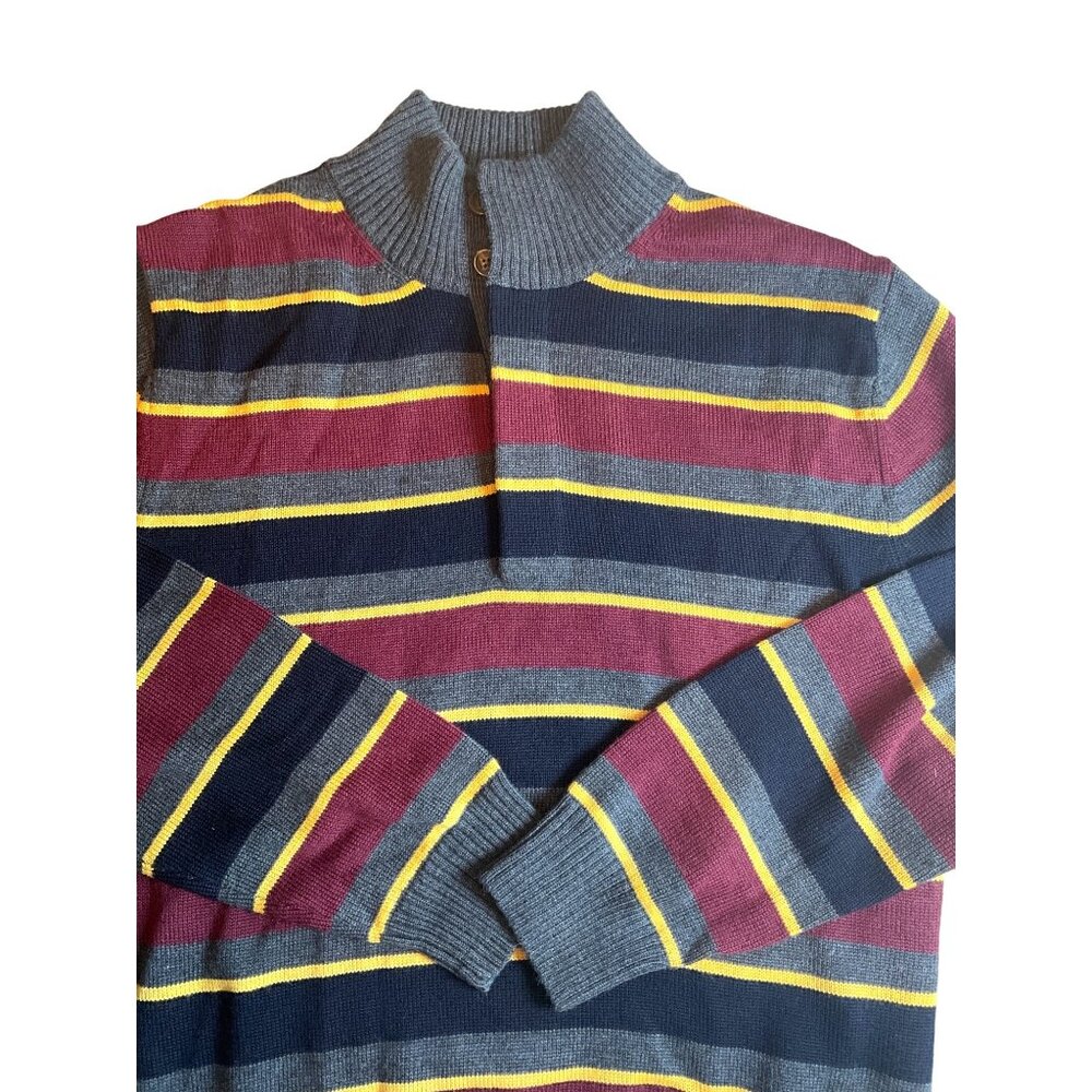 Brooks Brothers Medium Stripped Sweater  100% Merino‎ Wool Gray/Navy/Yellow